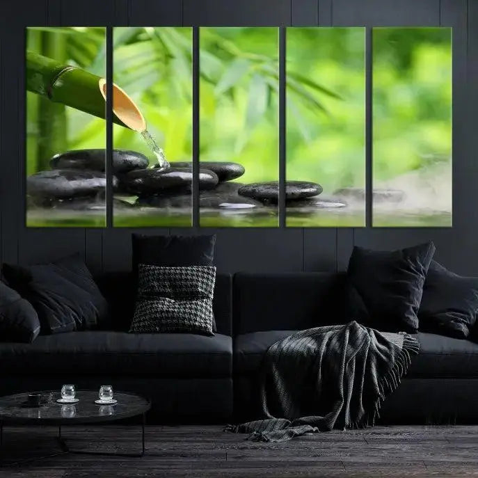 A three-panel Bamboo Water Stones Japanese Wall Art Canvas Print is elegantly displayed above the sofa.