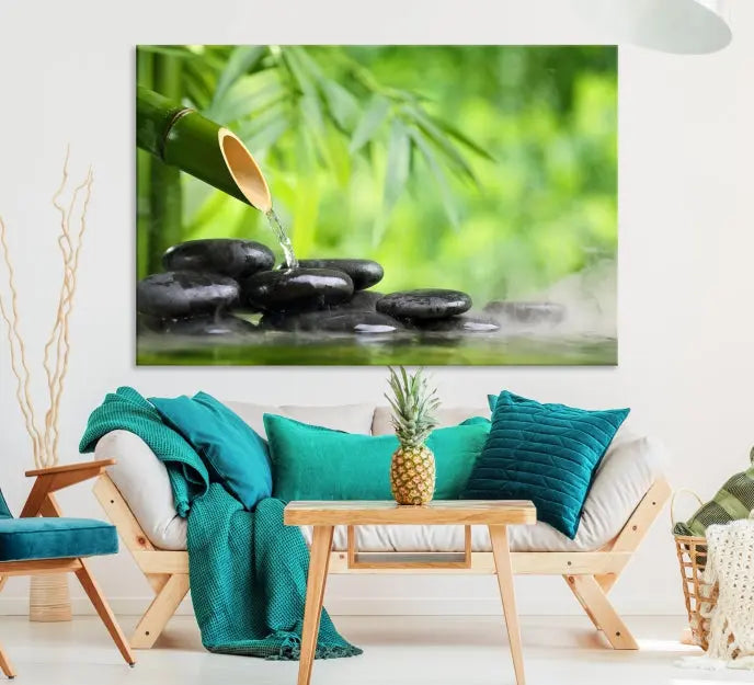 A three-panel Bamboo Water Stones Japanese Wall Art Canvas Print is elegantly displayed above the sofa.