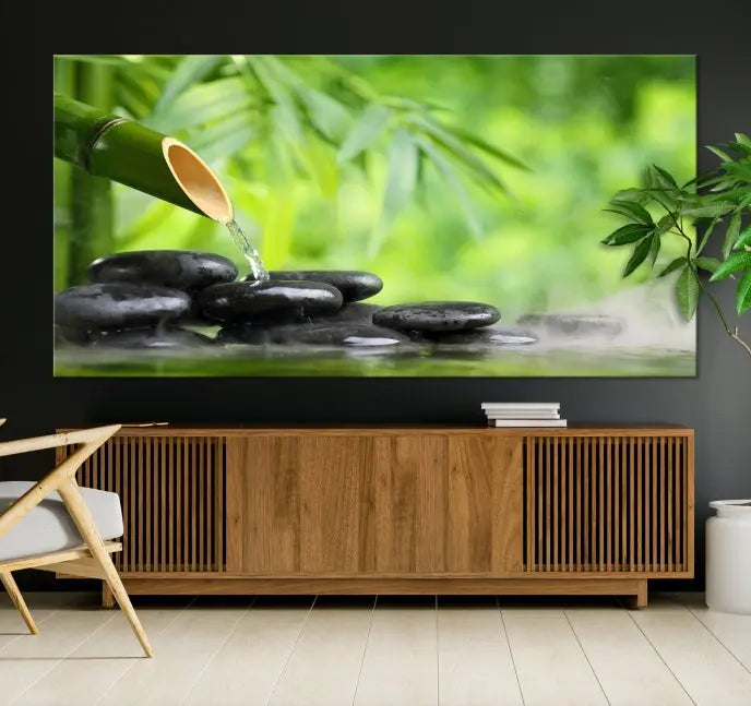 A three-panel Bamboo Water Stones Japanese Wall Art Canvas Print is elegantly displayed above the sofa.