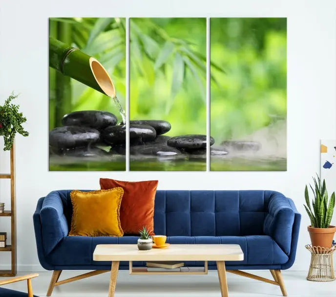 A three-panel Bamboo Water Stones Japanese Wall Art Canvas Print is elegantly displayed above the sofa.