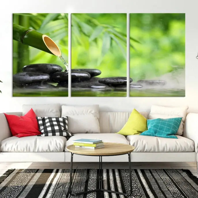 A three-panel Bamboo Water Stones Japanese Wall Art Canvas Print is elegantly displayed above the sofa.