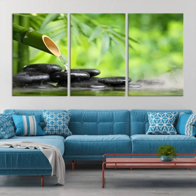 A three-panel Bamboo Water Stones Japanese Wall Art Canvas Print is elegantly displayed above the sofa.