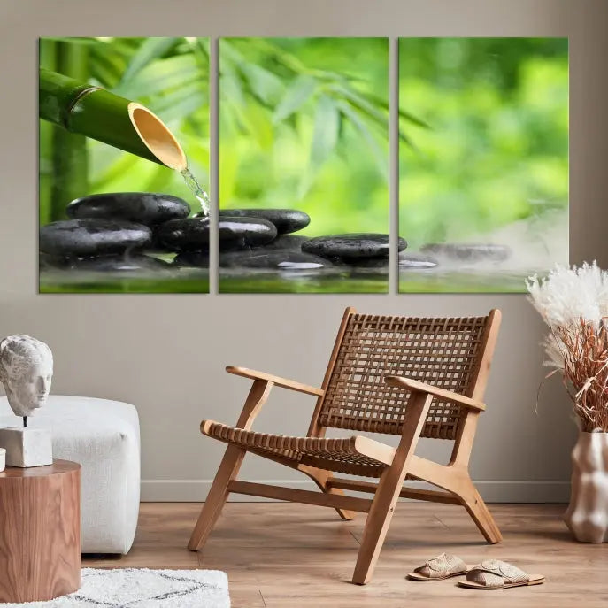 A three-panel Bamboo Water Stones Japanese Wall Art Canvas Print is elegantly displayed above the sofa.