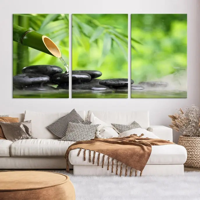 A three-panel Bamboo Water Stones Japanese Wall Art Canvas Print is elegantly displayed above the sofa.