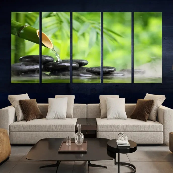 A three-panel Bamboo Water Stones Japanese Wall Art Canvas Print is elegantly displayed above the sofa.