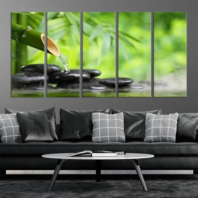 A three-panel Bamboo Water Stones Japanese Wall Art Canvas Print is elegantly displayed above the sofa.