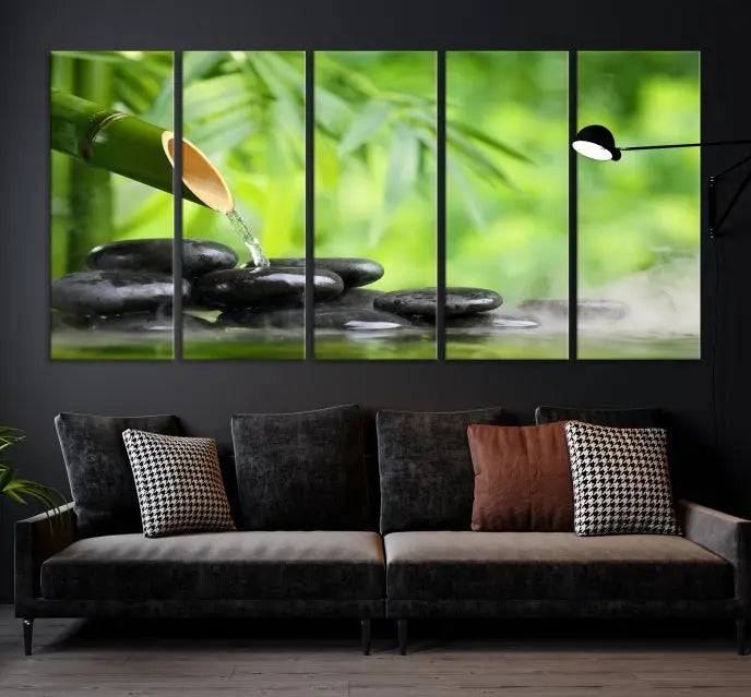 A three-panel Bamboo Water Stones Japanese Wall Art Canvas Print is elegantly displayed above the sofa.