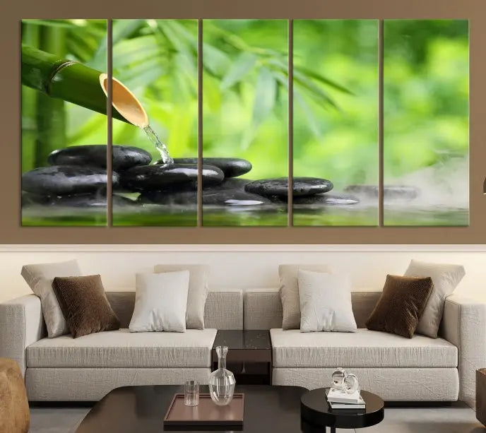 A three-panel Bamboo Water Stones Japanese Wall Art Canvas Print is elegantly displayed above the sofa.