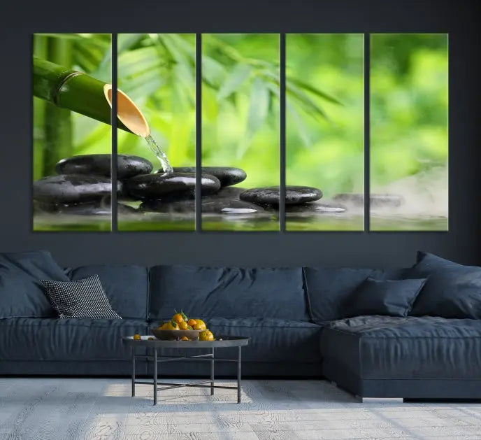 A three-panel Bamboo Water Stones Japanese Wall Art Canvas Print is elegantly displayed above the sofa.