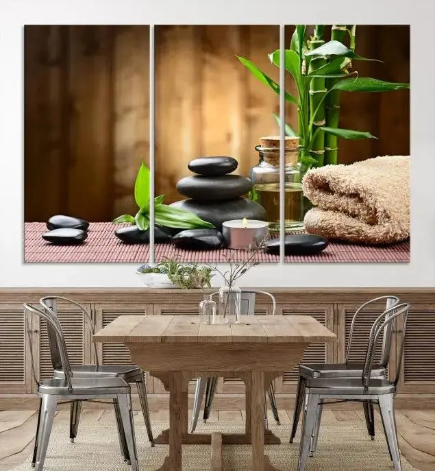 An inspiring Wall Art Canvas Print depicts a tranquil spa scene with Zen Stones and bamboo against the backdrop of a cozy living room.