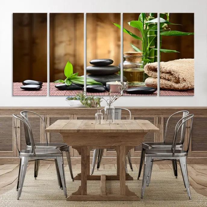 An inspiring Wall Art Canvas Print depicts a tranquil spa scene with Zen Stones and bamboo against the backdrop of a cozy living room.