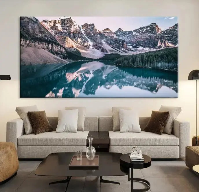 A stunning triptych titled "Banff Nal Park Wall Art Canvas Print," featuring a serene mountain lake, is crafted on museum-quality canvas with a UV-protective coating.