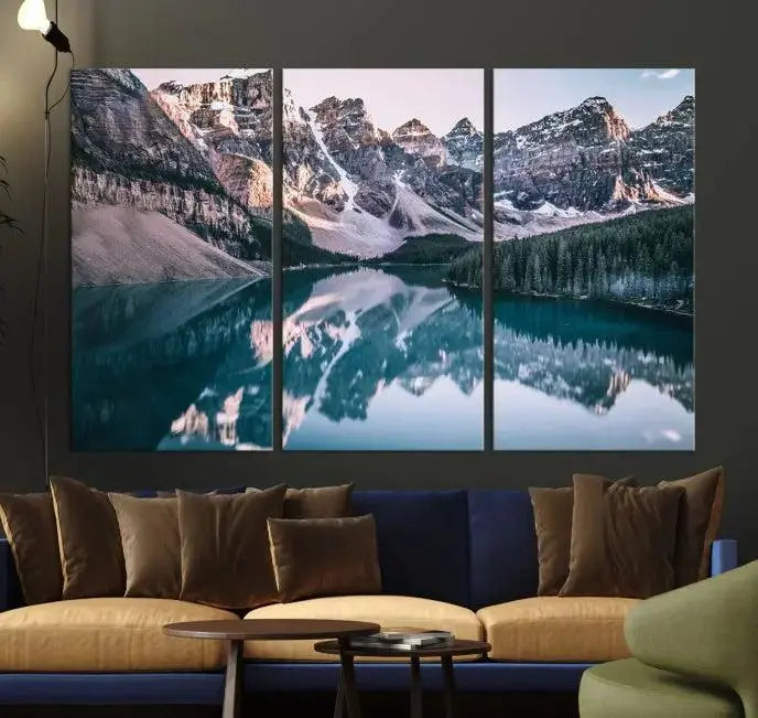 A stunning triptych titled "Banff Nal Park Wall Art Canvas Print," featuring a serene mountain lake, is crafted on museum-quality canvas with a UV-protective coating.