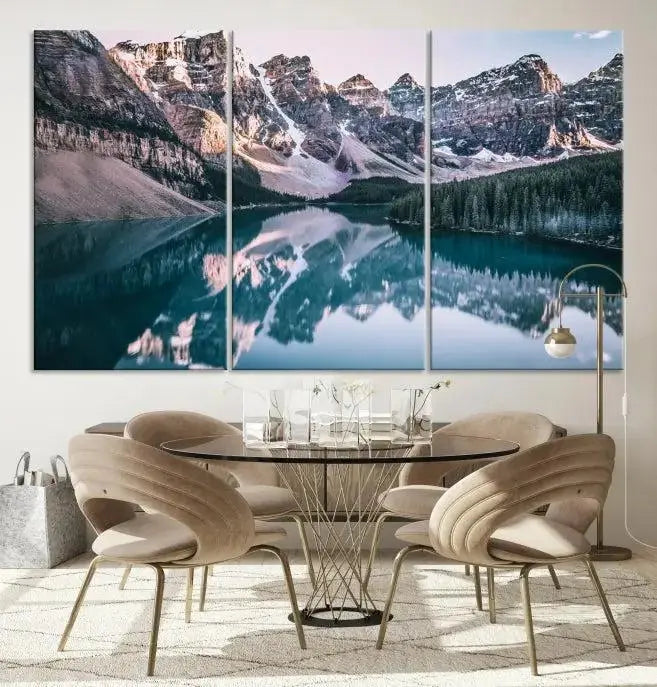 A stunning triptych titled "Banff Nal Park Wall Art Canvas Print," featuring a serene mountain lake, is crafted on museum-quality canvas with a UV-protective coating.