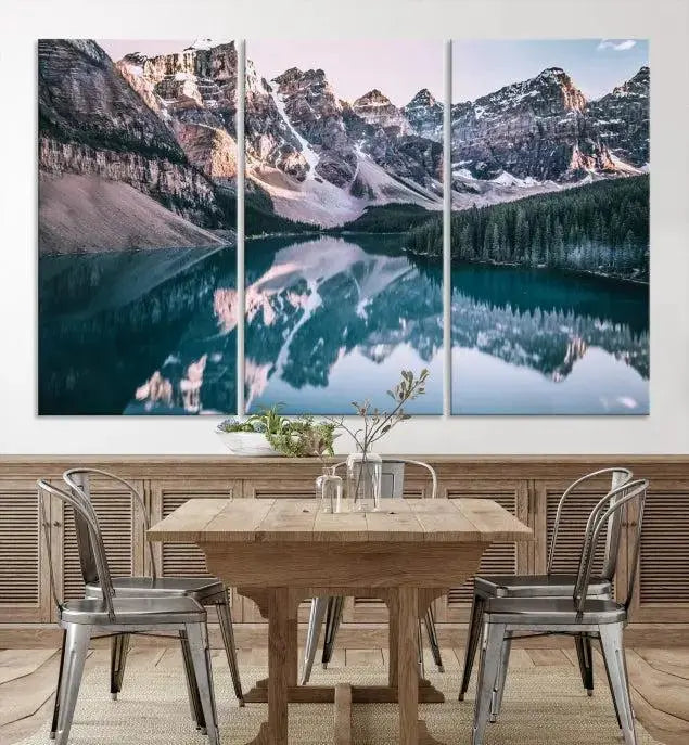 A stunning triptych titled "Banff Nal Park Wall Art Canvas Print," featuring a serene mountain lake, is crafted on museum-quality canvas with a UV-protective coating.