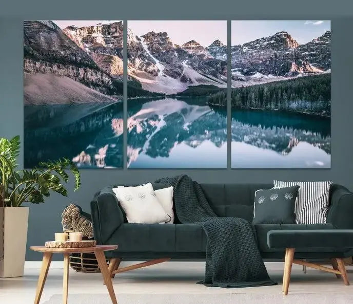 A stunning triptych titled "Banff Nal Park Wall Art Canvas Print," featuring a serene mountain lake, is crafted on museum-quality canvas with a UV-protective coating.