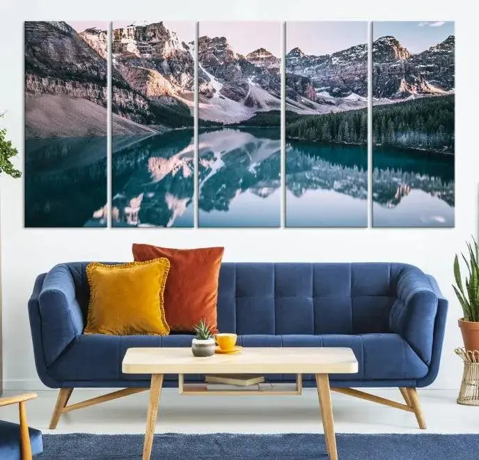 A stunning triptych titled "Banff Nal Park Wall Art Canvas Print," featuring a serene mountain lake, is crafted on museum-quality canvas with a UV-protective coating.