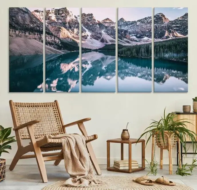 A stunning triptych titled "Banff Nal Park Wall Art Canvas Print," featuring a serene mountain lake, is crafted on museum-quality canvas with a UV-protective coating.