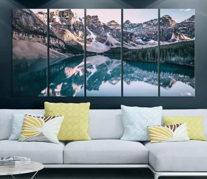 A stunning triptych titled "Banff Nal Park Wall Art Canvas Print," featuring a serene mountain lake, is crafted on museum-quality canvas with a UV-protective coating.