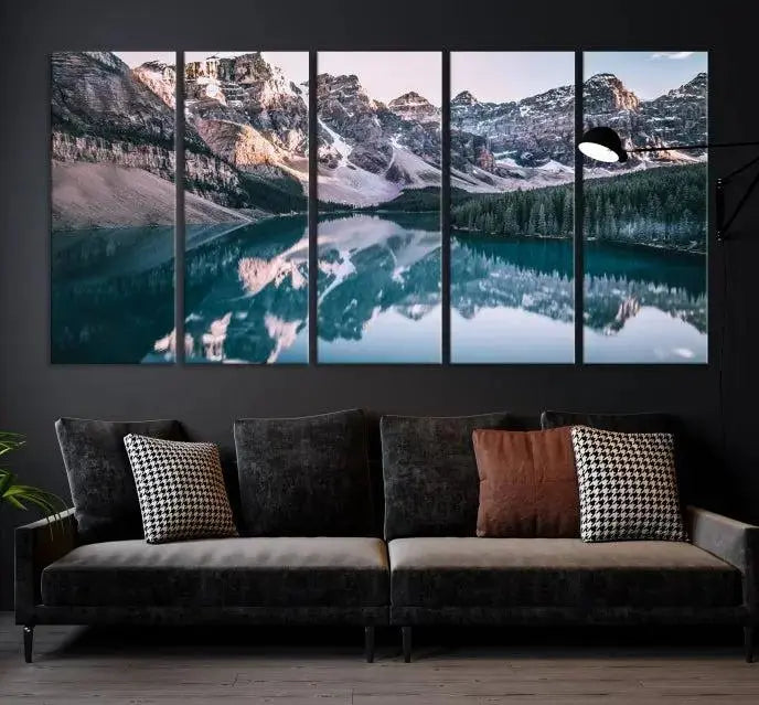 A stunning triptych titled "Banff Nal Park Wall Art Canvas Print," featuring a serene mountain lake, is crafted on museum-quality canvas with a UV-protective coating.