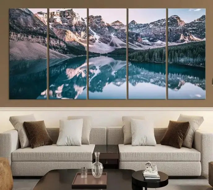 A stunning triptych titled "Banff Nal Park Wall Art Canvas Print," featuring a serene mountain lake, is crafted on museum-quality canvas with a UV-protective coating.