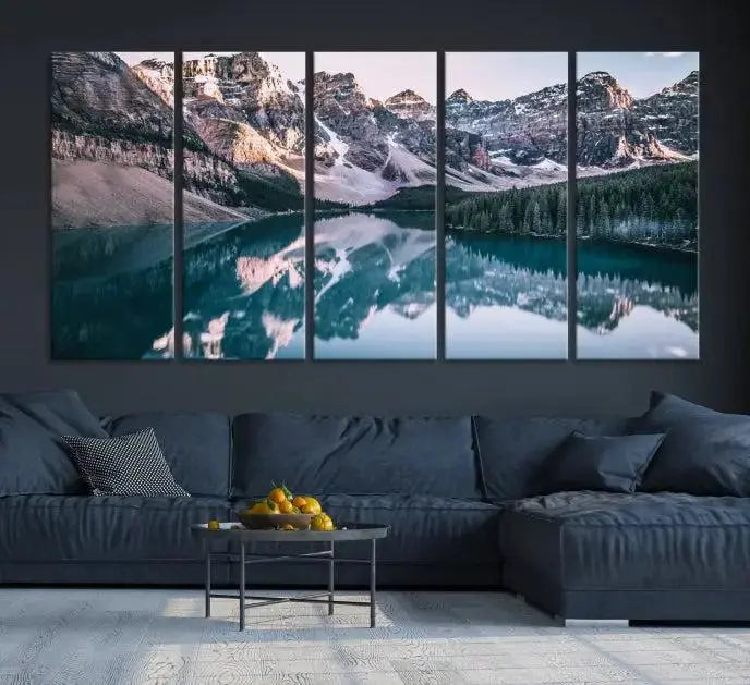 A stunning triptych titled "Banff Nal Park Wall Art Canvas Print," featuring a serene mountain lake, is crafted on museum-quality canvas with a UV-protective coating.