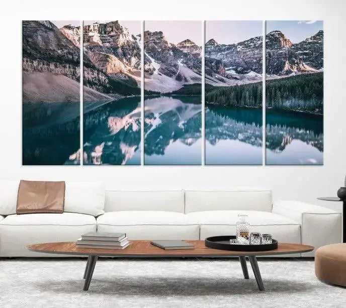 A stunning triptych titled "Banff Nal Park Wall Art Canvas Print," featuring a serene mountain lake, is crafted on museum-quality canvas with a UV-protective coating.