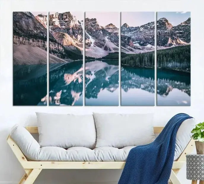 A stunning triptych titled "Banff Nal Park Wall Art Canvas Print," featuring a serene mountain lake, is crafted on museum-quality canvas with a UV-protective coating.