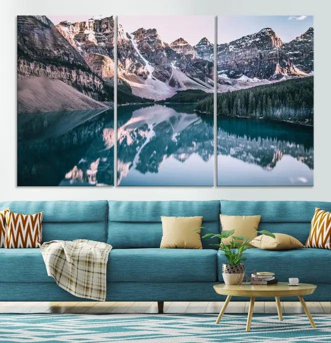 A stunning triptych titled "Banff Nal Park Wall Art Canvas Print," featuring a serene mountain lake, is crafted on museum-quality canvas with a UV-protective coating.