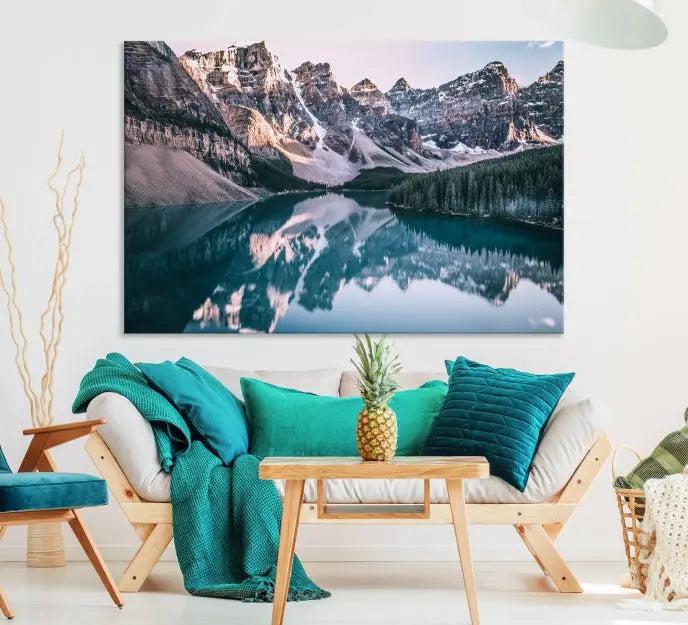 A stunning triptych titled "Banff Nal Park Wall Art Canvas Print," featuring a serene mountain lake, is crafted on museum-quality canvas with a UV-protective coating.