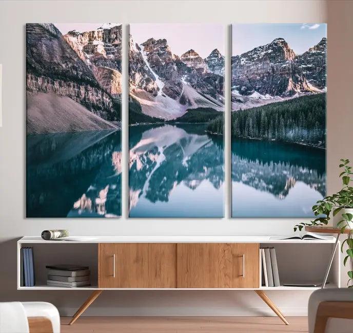 A stunning triptych titled "Banff Nal Park Wall Art Canvas Print," featuring a serene mountain lake, is crafted on museum-quality canvas with a UV-protective coating.