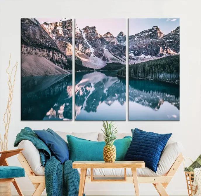 A stunning triptych titled "Banff Nal Park Wall Art Canvas Print," featuring a serene mountain lake, is crafted on museum-quality canvas with a UV-protective coating.