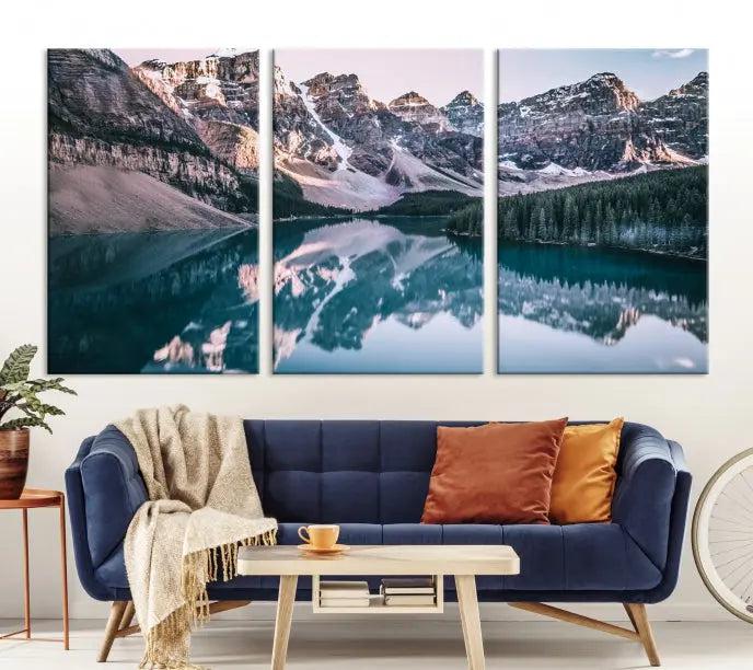 A stunning triptych titled "Banff Nal Park Wall Art Canvas Print," featuring a serene mountain lake, is crafted on museum-quality canvas with a UV-protective coating.