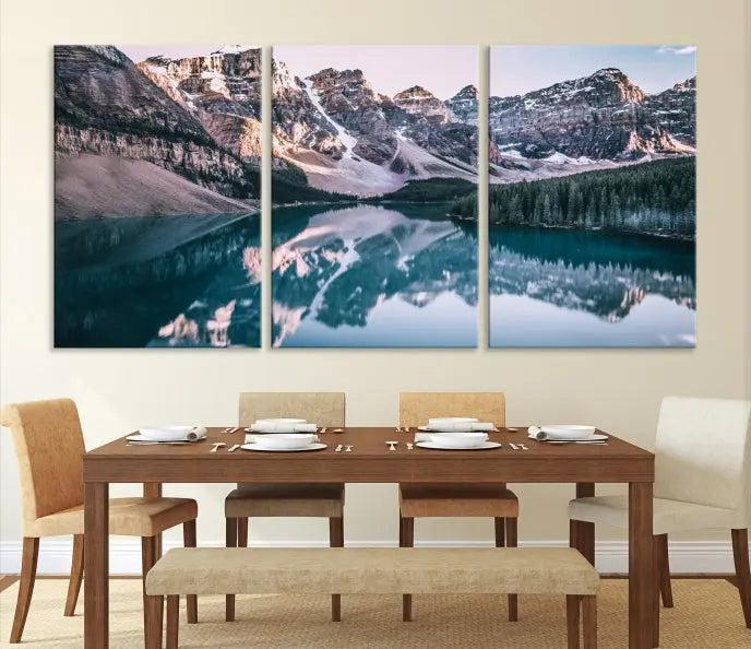 A stunning triptych titled "Banff Nal Park Wall Art Canvas Print," featuring a serene mountain lake, is crafted on museum-quality canvas with a UV-protective coating.