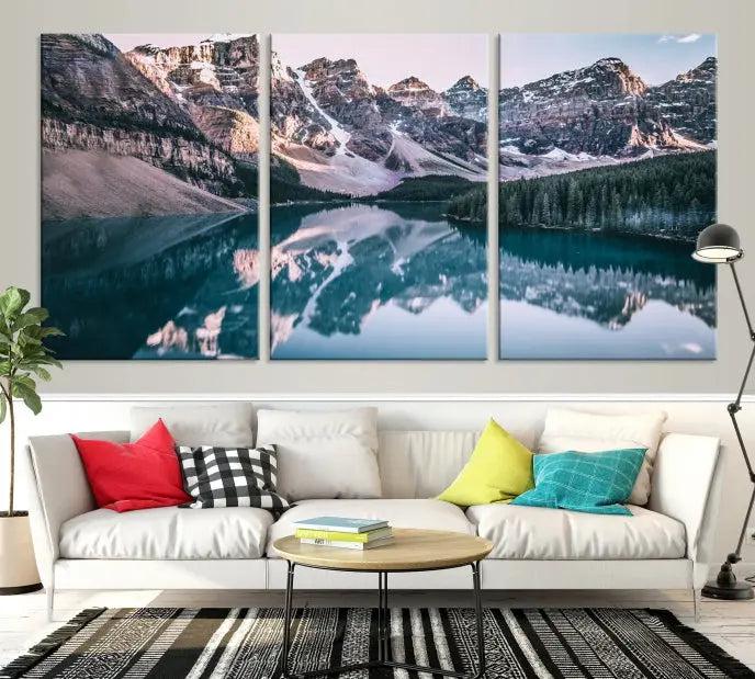 A stunning triptych titled "Banff Nal Park Wall Art Canvas Print," featuring a serene mountain lake, is crafted on museum-quality canvas with a UV-protective coating.