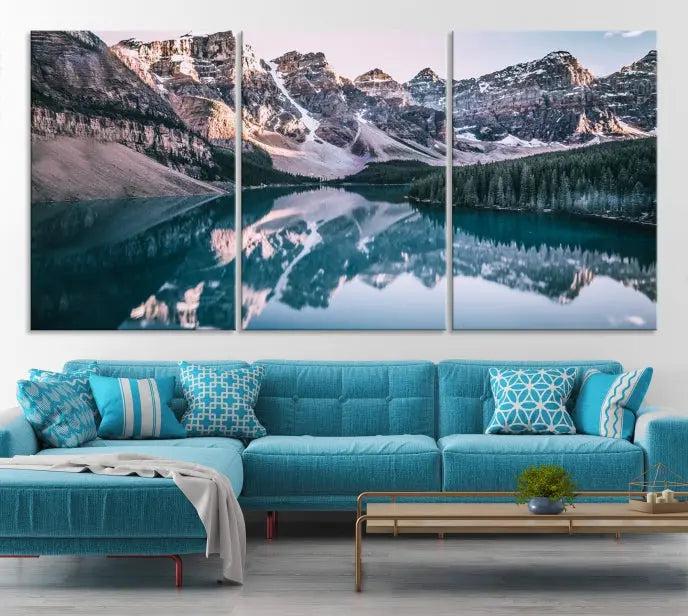 A stunning triptych titled "Banff Nal Park Wall Art Canvas Print," featuring a serene mountain lake, is crafted on museum-quality canvas with a UV-protective coating.