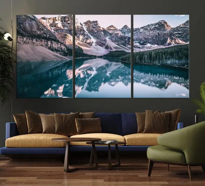 A stunning triptych titled "Banff Nal Park Wall Art Canvas Print," featuring a serene mountain lake, is crafted on museum-quality canvas with a UV-protective coating.