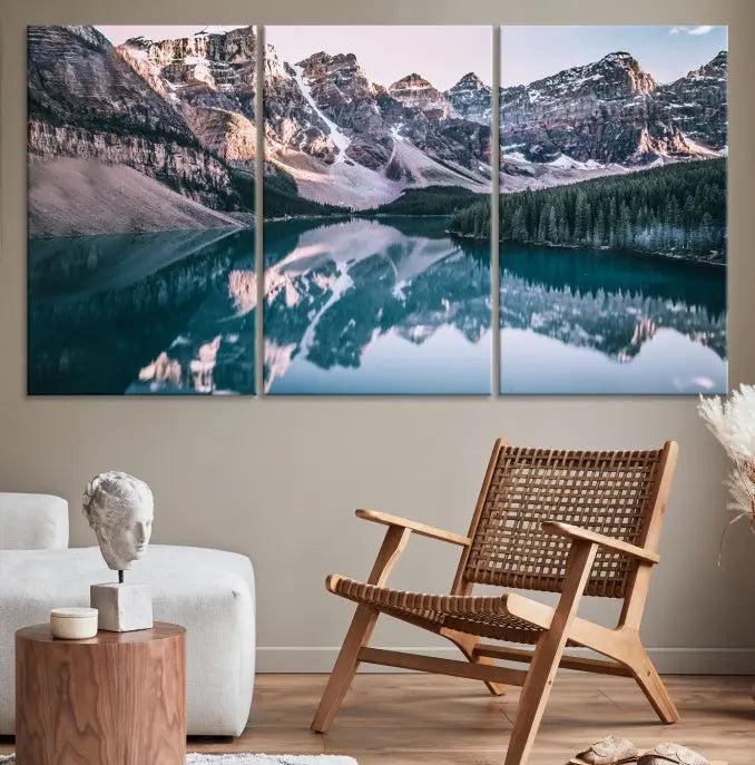 A stunning triptych titled "Banff Nal Park Wall Art Canvas Print," featuring a serene mountain lake, is crafted on museum-quality canvas with a UV-protective coating.