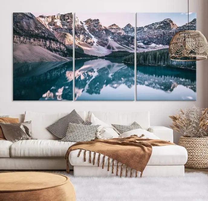 A stunning triptych titled "Banff Nal Park Wall Art Canvas Print," featuring a serene mountain lake, is crafted on museum-quality canvas with a UV-protective coating.