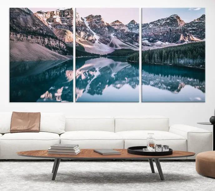 A stunning triptych titled "Banff Nal Park Wall Art Canvas Print," featuring a serene mountain lake, is crafted on museum-quality canvas with a UV-protective coating.