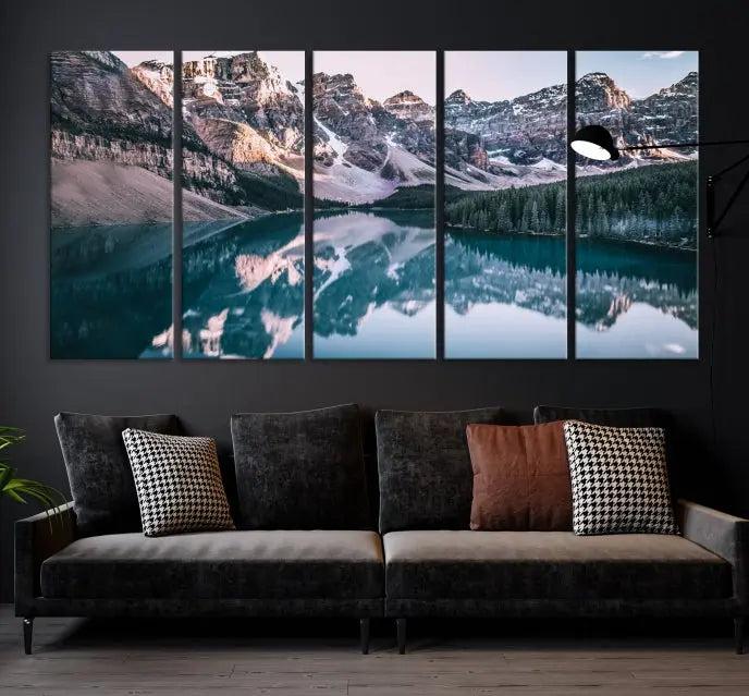 A stunning triptych titled "Banff Nal Park Wall Art Canvas Print," featuring a serene mountain lake, is crafted on museum-quality canvas with a UV-protective coating.