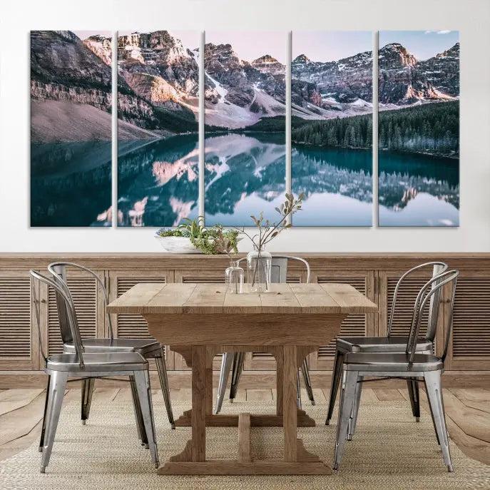 A stunning triptych titled "Banff Nal Park Wall Art Canvas Print," featuring a serene mountain lake, is crafted on museum-quality canvas with a UV-protective coating.