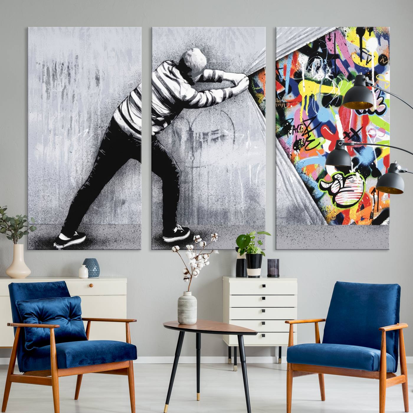 Banksy Art Behind the Curtain Street Wall Art Canvas Print | 3-Panel Urban Graffiti-Inspired Wall Art for Living Room or Office