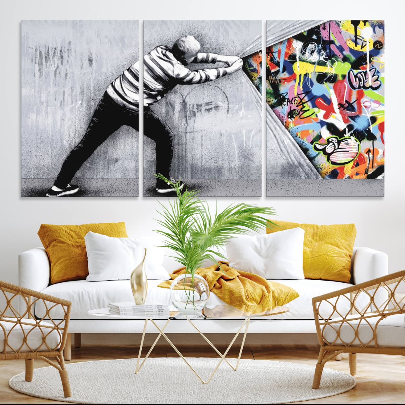 Banksy Art Behind the Curtain Street Wall Art Canvas Print | 3-Panel Urban Graffiti-Inspired Wall Art for Living Room or Office