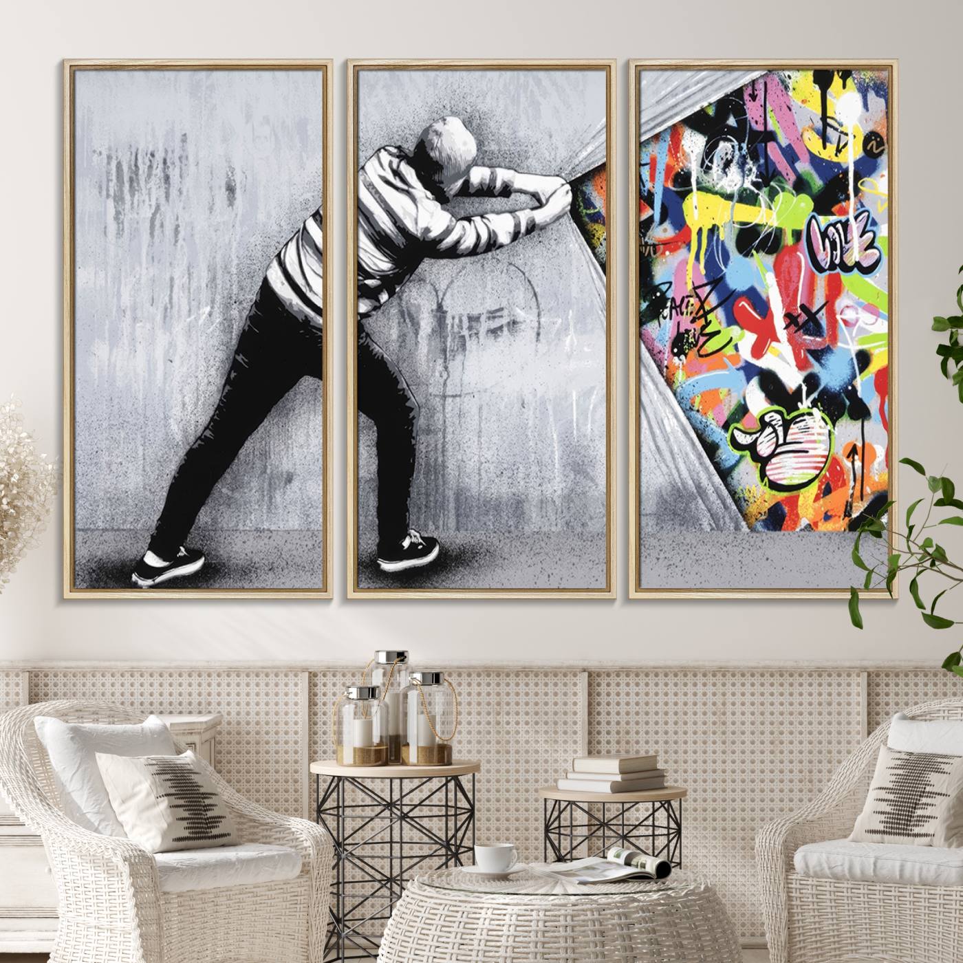 52252-MGV-CV-36X24-Banksy Art Behind the Curtain Street Wall Art Canvas Print | 3-Panel Urban Graffiti-Inspired Wall Art for Living Room or Office