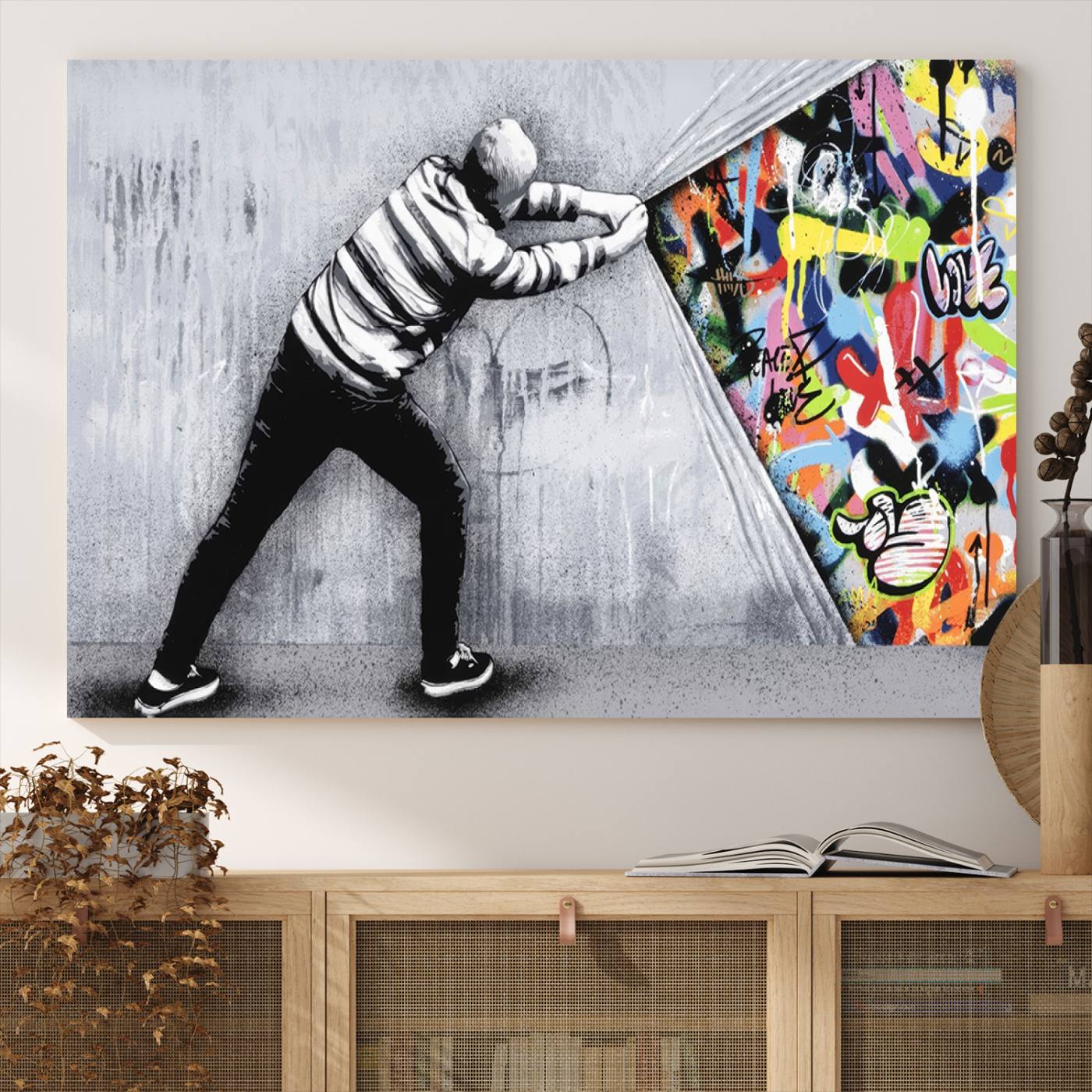 Banksy Art Behind the Curtain Street Wall Art Canvas Print | 3-Panel Urban Graffiti-Inspired Wall Art for Living Room or Office