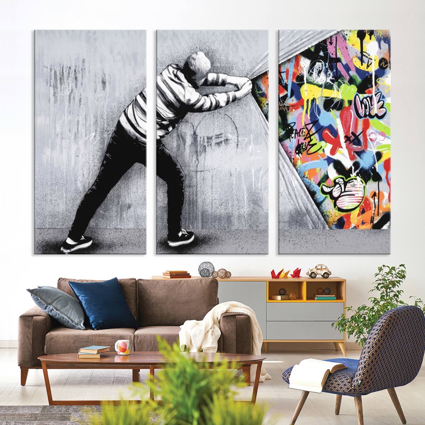 Banksy Art Behind the Curtain Street Wall Art Canvas Print | 3-Panel Urban Graffiti-Inspired Wall Art for Living Room or Office