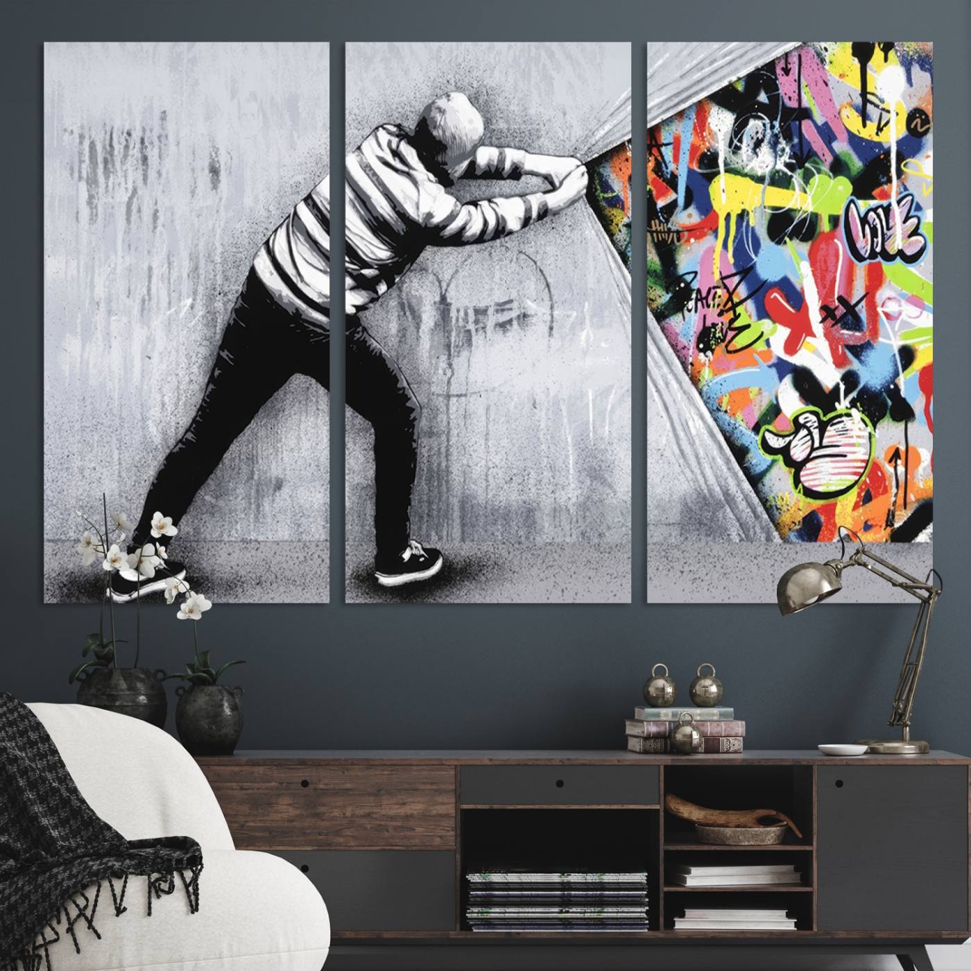 Banksy Art Behind the Curtain Street Wall Art Canvas Print | 3-Panel Urban Graffiti-Inspired Wall Art for Living Room or Office