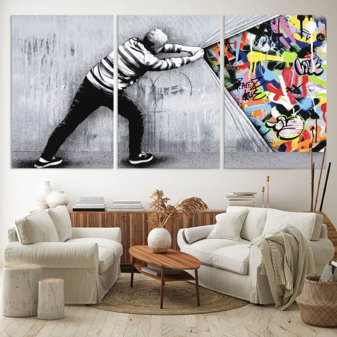 Banksy Art Behind the Curtain Street Wall Art Canvas Print | 3-Panel Urban Graffiti-Inspired Wall Art for Living Room or Office