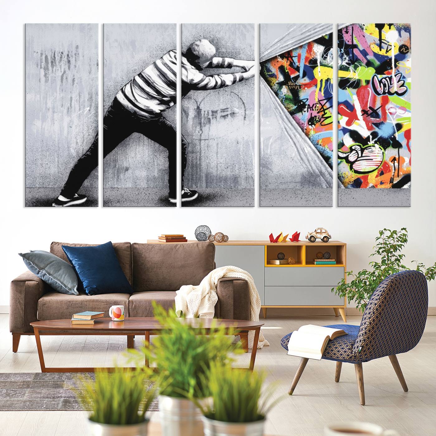 Banksy Art Behind the Curtain Street Wall Art Canvas Print | 3-Panel Urban Graffiti-Inspired Wall Art for Living Room or Office